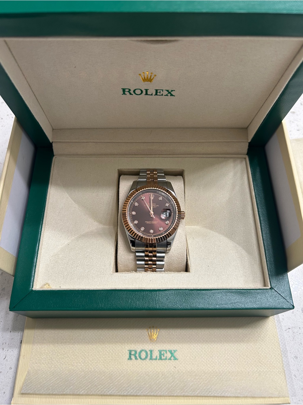rolex twotone mens watch with brown dial and rose gold accents